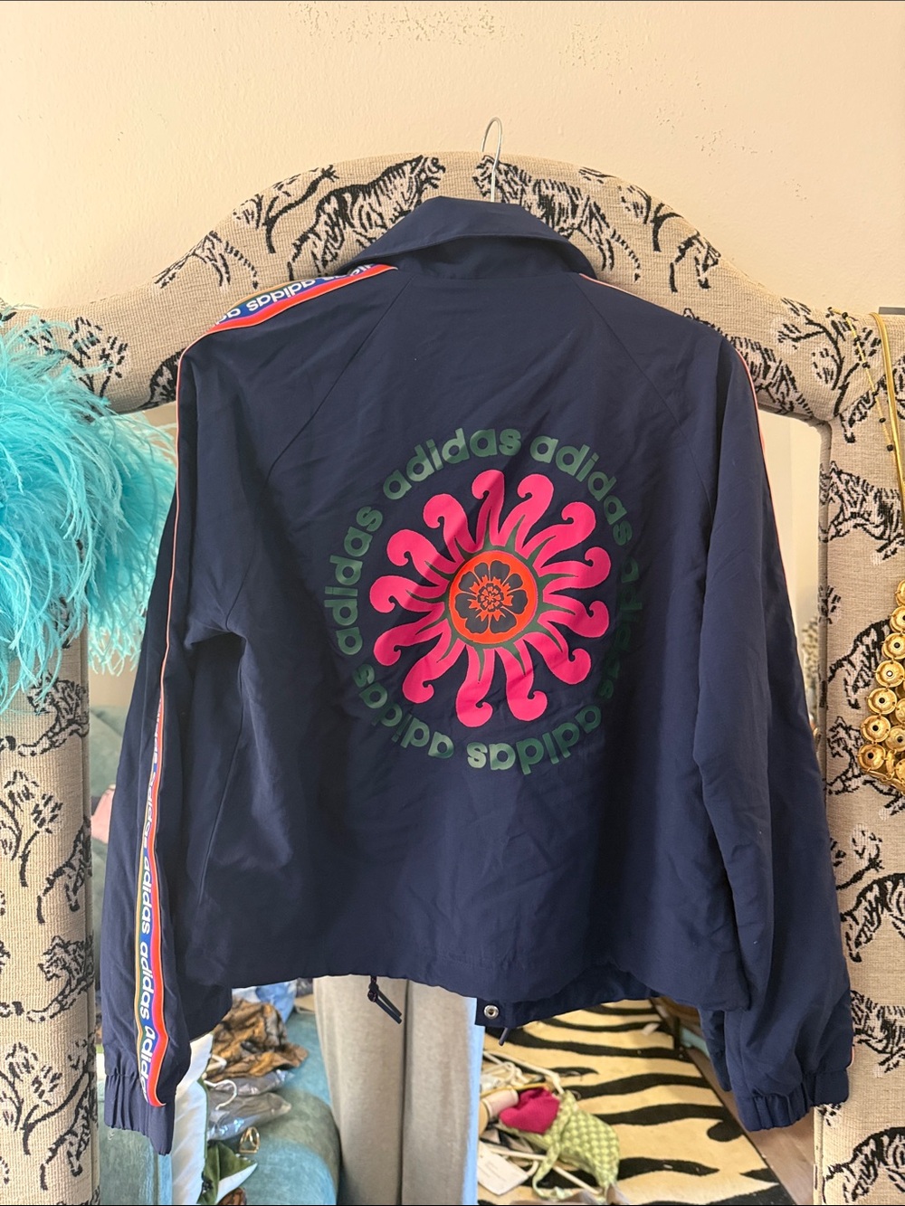 FARM Rio adidas collab Navy Jacket with Pink & Green Sun Graphic